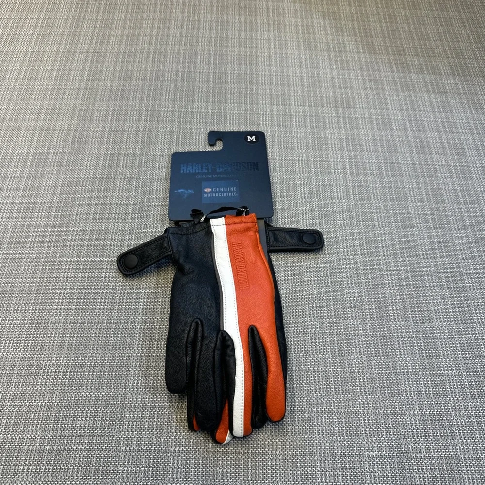 New Harley-Davidson Trenton Leather Riding Gloves Womens Medium Black Orange
